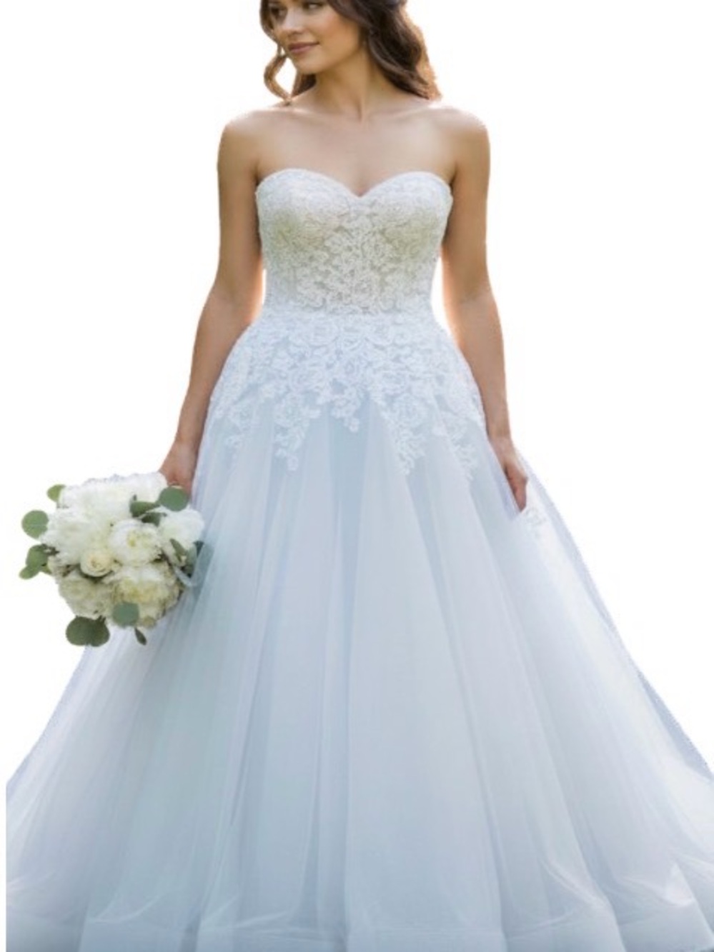 Mon Cheri Strapless Lace Appliqué Ball Gown in White